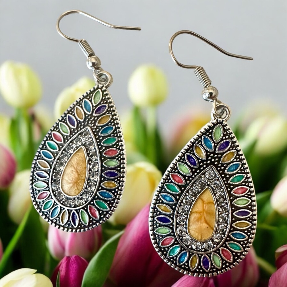 BOHO Silver Earrings Rhinestone Earrings Silver Drop Earrings Teardrop Earrings - Picture 4 of 9